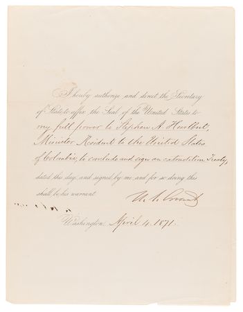 Lot #12 U. S. Grant Document Signed as President, Concluding an Extradition Treaty with Colombia - Image 1
