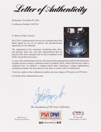Lot #186 Elon Musk Signed Tesla Model S P100D Scale Model - Image 8
