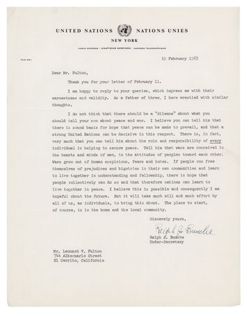 Lot #239 Ralph Bunche Typed Letter Signed on Peace