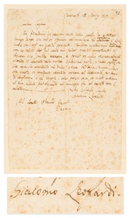Lot #573 Giacomo Leopardi Autograph Letter Signed on Poetry, Sending His 