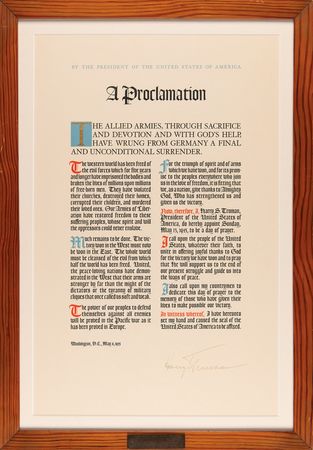 Lot #21 Harry S. Truman Signed 1945 WWII Victory Proclamation Broadside, in a White House Roof Timber Relic Frame - Image 1