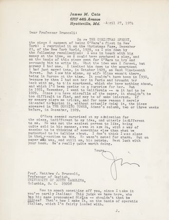 Lot #591 James M. Cain Typed Letter Signed on