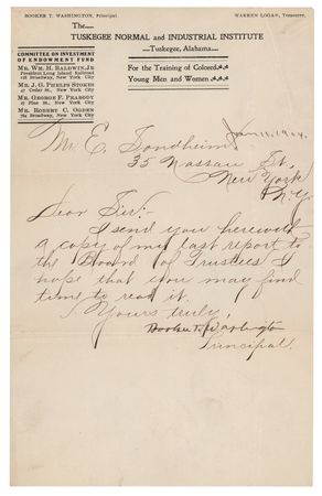 Lot #327 Booker T. Washington Letter Signed