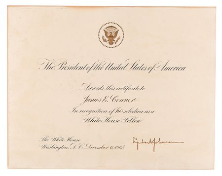 Lot #82 Lyndon B. Johnson Document Signed as President, Recognizing a White House Fellow - Image 1