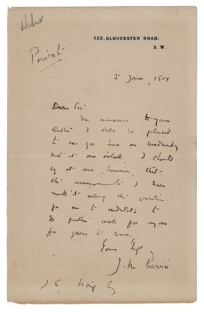 Lot #583 James M. Barrie Autograph Letter Signed