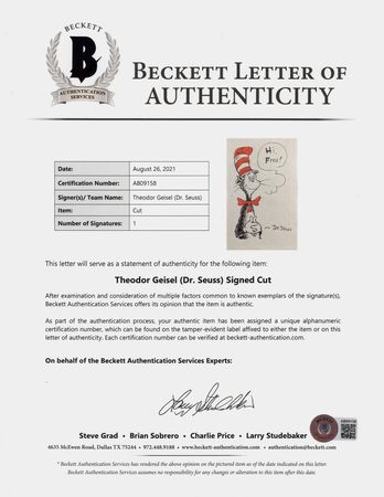 Lot #615 Dr. Seuss Signed Print - The Cat in the Hat - Image 2