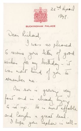 Lot #168 Queen Elizabeth II Autograph Letter Signed on Baby Charles - 
