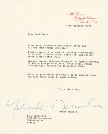 Lot #663 Yehudi Menuhin Typed Letter Signed