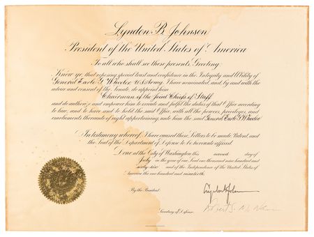 Lot #24 Lyndon B. Johnson Document Signed as President, Appointing Gen. Earle Wheeler as Chairman of the Joint Chiefs of Staff - Image 1