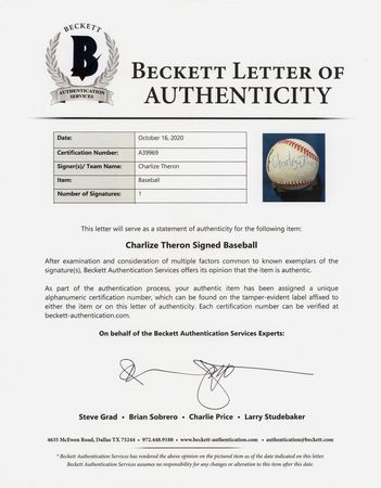 Lot #925 Charlize Theron Signed Baseball - Image 2