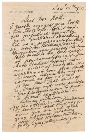 Lot #204 Sigmund Freud Autograph Letter Signed on Woodrow Wilson - 