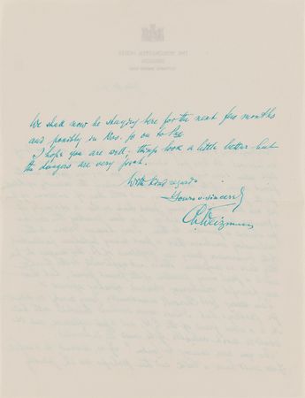Lot #158 Chaim Weizmann War-Dated Autograph Letter Signed to Max Born: ?A strong Jewish State in P?ne is obviously of advantage to the British