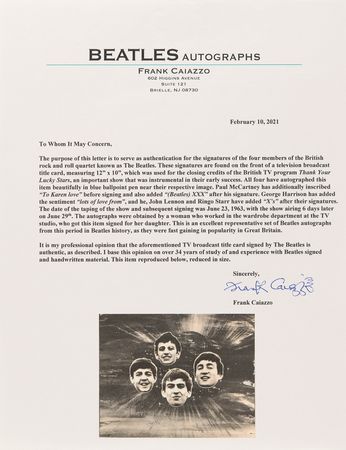 Lot #627 Beatles Signed 1963 'Thank Your Lucky Stars' TV Broadcast Production Title Card - Image 3