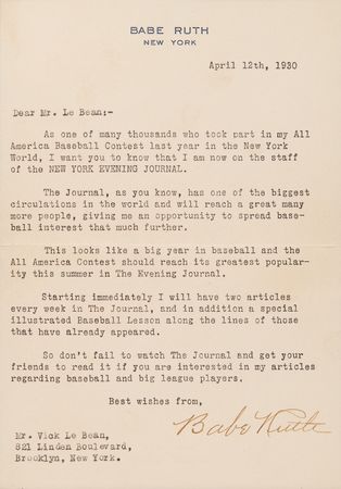 Lot #942 Babe Ruth Typed Letter Signed on His Newspaper Column: 