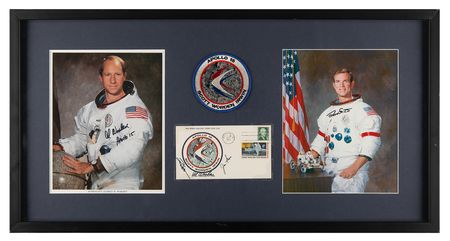 Lot #6331 Apollo 15 Display with Crew-Signed Cover and (2) Photographs Signed by Dave Scott and Al Worden - Image 1