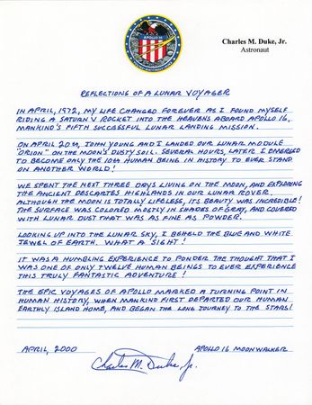 Lot #6347 Charlie Duke Autograph Manuscript Signed - 'Reflections of a Lunar Voyager' - Image 1