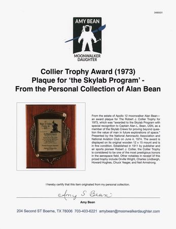 Lot #6208 Collier Trophy Award (1973) Plaque for 'the Skylab Program' - From the Personal Collection of Alan Bean - Image 2