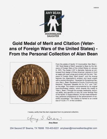 Lot #6212 Gold Medal of Merit and Citation (Veterans of Foreign Wars of the United States) - From the Personal Collection of Alan Bean - Image 5