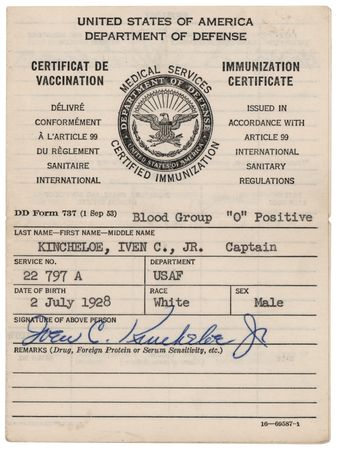 Lot #6003 Iven Kincheloe Signed 1957 USAF Immunization Booklet - Image 1