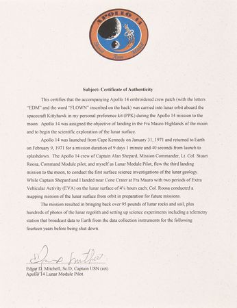 Lot #6284 Apollo 14 Flown Patch - From the Personal Collection of Edgar Mitchell - Image 3