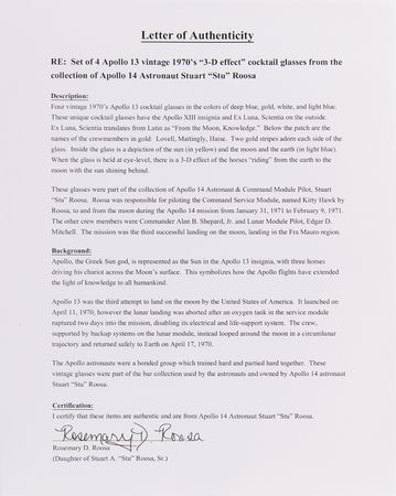 Lot #6303 Apollo 13 (4) Cocktail Glasses - From the Personal Collection of Stuart A. Roosa - Image 5