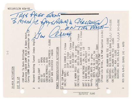 Lot #6355 Apollo 17 Lunar-Surface Flown Checklist Page Signed by Gene Cernan - Image 1