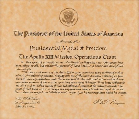 Lot #6249 Apollo 13 Presidential Medal of Freedom Award Certificate - From the Personal Collection of Edgar Mitchell - Image 1