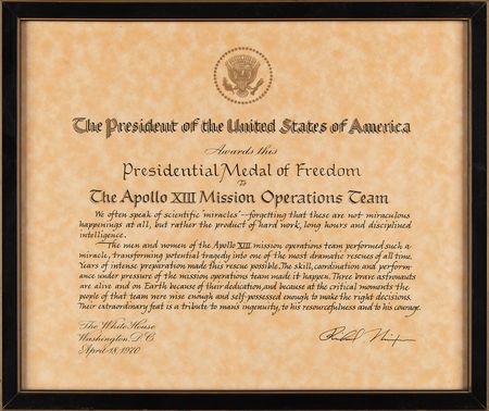 Lot #6249 Apollo 13 Presidential Medal of Freedom Award Certificate - From the Personal Collection of Edgar Mitchell - Image 2