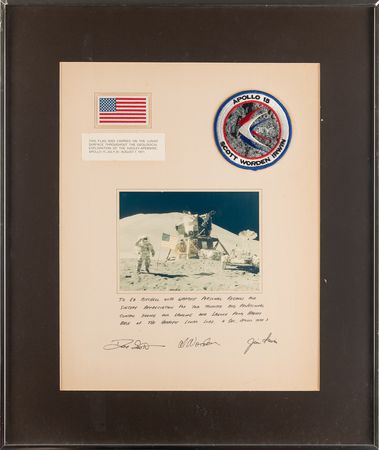 Lot #6320 Apollo 15 Lunar Surface-Flown Beta Cloth American Flag and Crew-Signed Presentation - From the Personal Collection of Edgar Mitchell - Image 1