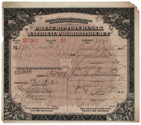 Lot #285 Prohibition: 1925 Liquor Prescription for