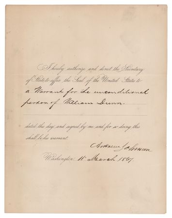 Lot #102 Andrew Johnson Document Signed as