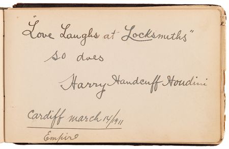Lot #570 Harry Houdini Signed Autograph Book - ??Love Laughs at Locksmiths,? so does Harry Handcuff Houdini
