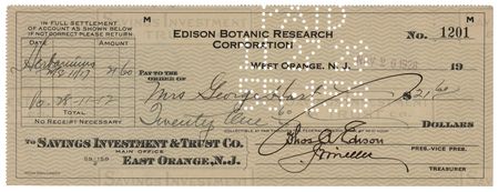 Lot #234 Thomas Edison Signed Check