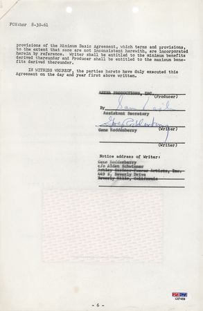 Lot #721 Star Trek: Gene Roddenberry Document Signed for 'The Lieutenant' - His First TV Series - Image 1