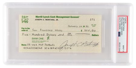 Lot #783 Joe Montana Signed Check to the San
