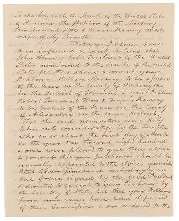 Lot #157 Marbury v. Madison: Contemporary Congressional Circulating Copy of William Marbury's Petition to the United States Senate - Image 1