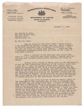 Lot #222 Al Capone: Prison Guard Letter on Capone's Personality and Autograph Signing Habits - 