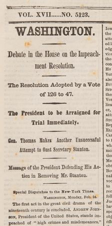 Lot #103 Andrew Johnson Impeachment: The New York Times from February 25, 1868 - Image 2