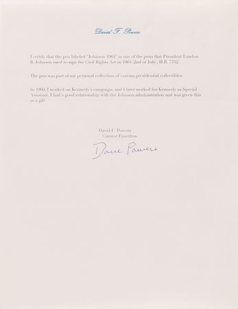 Lot #59 Lyndon B. Johnson 1964 Civil Rights Act Bill Signing Pen - From the Collection of JFK Assistant Dave Powers - Image 5