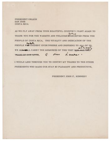 Lot #107 John F. Kennedy Hand-Corrected Telegram as President to the President of Costa Rica - Image 1