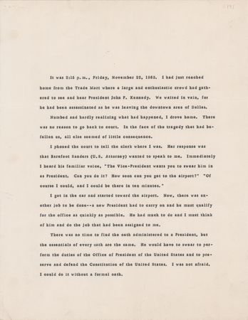 Lot #256 Sarah T. Hughes Signed Souvenir Typescript on LBJ's Swearing-In - Image 1