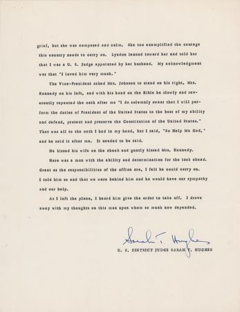 Lot #256 Sarah T. Hughes Signed Souvenir Typescript on LBJ's Swearing-In - Image 3