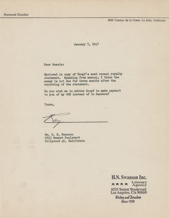 Lot #503 Raymond Chandler Typed Letter Signed