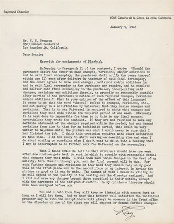 Lot #502 Raymond Chandler Typed Letter Signed on