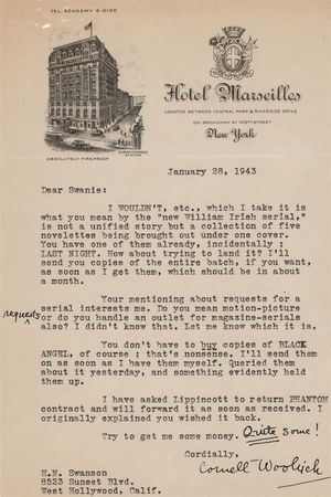 Lot #514 Cornell Woolrich Typed Letter Signed on