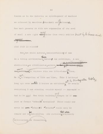 Lot #441 Frank Lloyd Wright Hand-Corrected Typed Draft for 'The New Architecture: A Testament' - The 