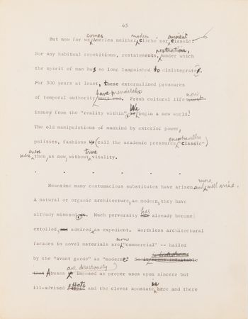 Lot #441 Frank Lloyd Wright Hand-Corrected Typed Draft for 'The New Architecture: A Testament' - The 