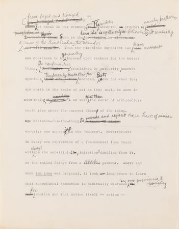 Lot #441 Frank Lloyd Wright Hand-Corrected Typed Draft for 'The New Architecture: A Testament' - The 
