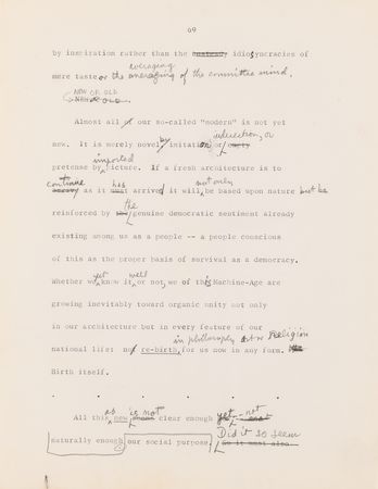 Lot #441 Frank Lloyd Wright Hand-Corrected Typed Draft for 'The New Architecture: A Testament' - The 