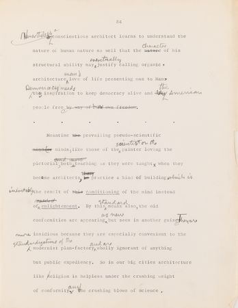 Lot #441 Frank Lloyd Wright Hand-Corrected Typed Draft for 'The New Architecture: A Testament' - The 